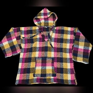 Baja Hooded Pullover Jacket In bold Pink, Yllow, Cream& Navy Plaid: Skater, Boho